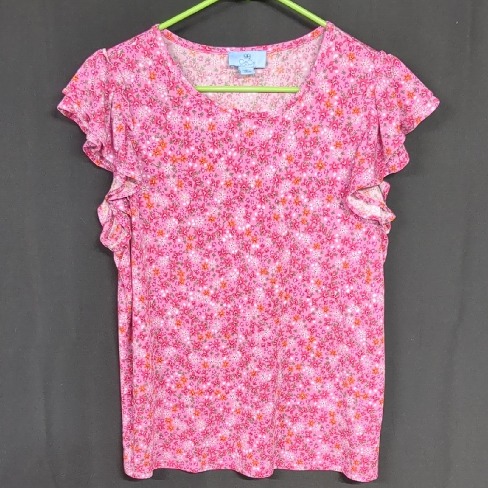 CeCe Pink and Orange Floral Ruffle Blouse